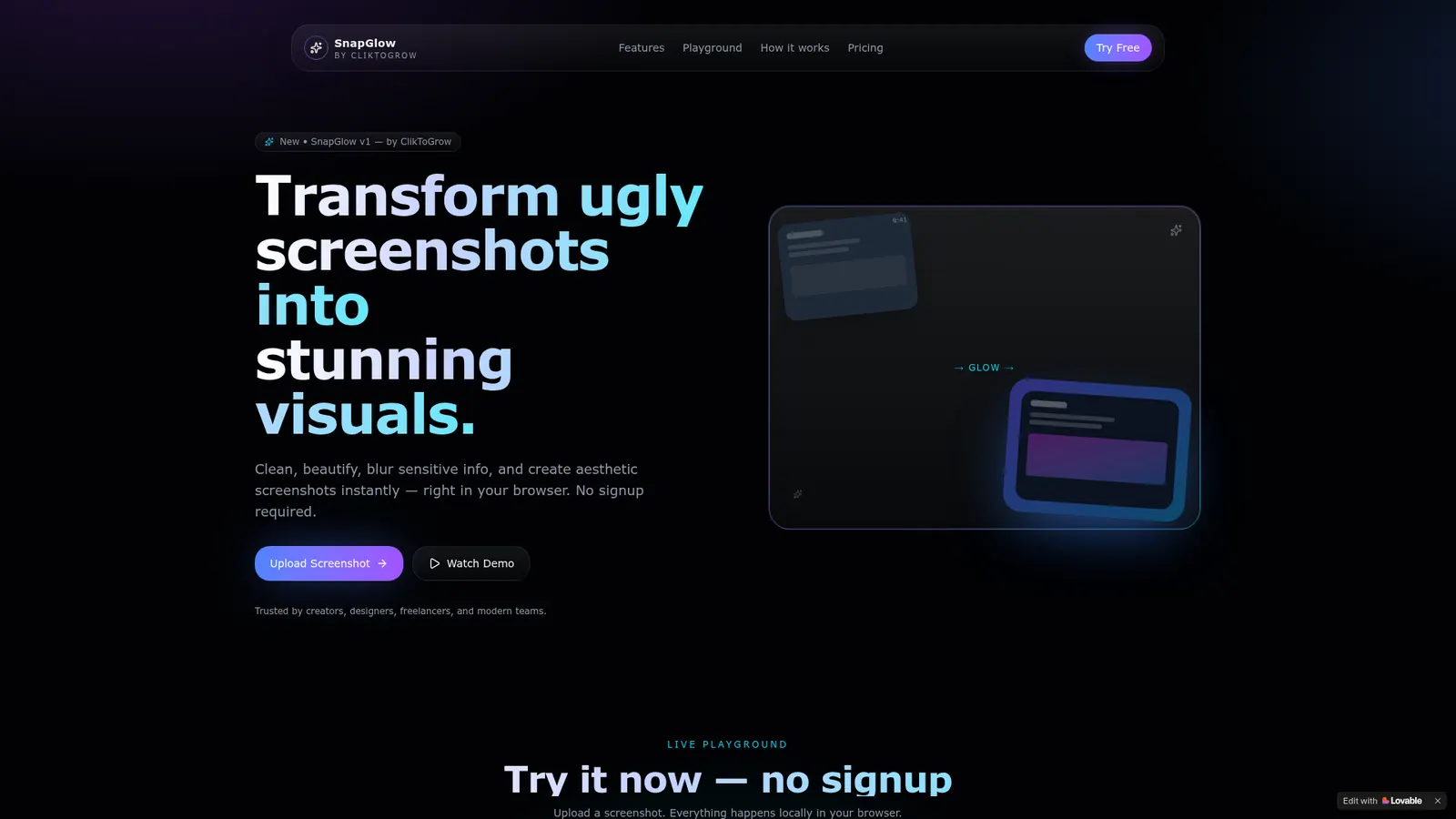 SnapGlow by ClikToGrow — Creative AI Tool · Browser-Native SaaS preview