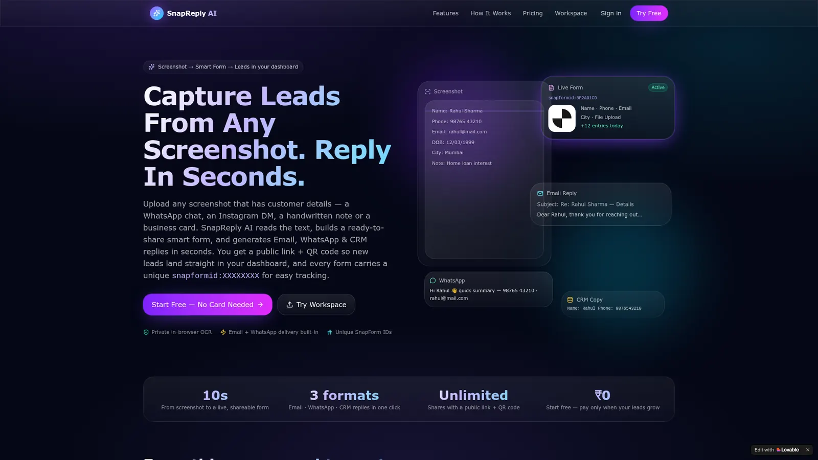 SnapReply AI — AI SaaS · Lead Capture Automation preview